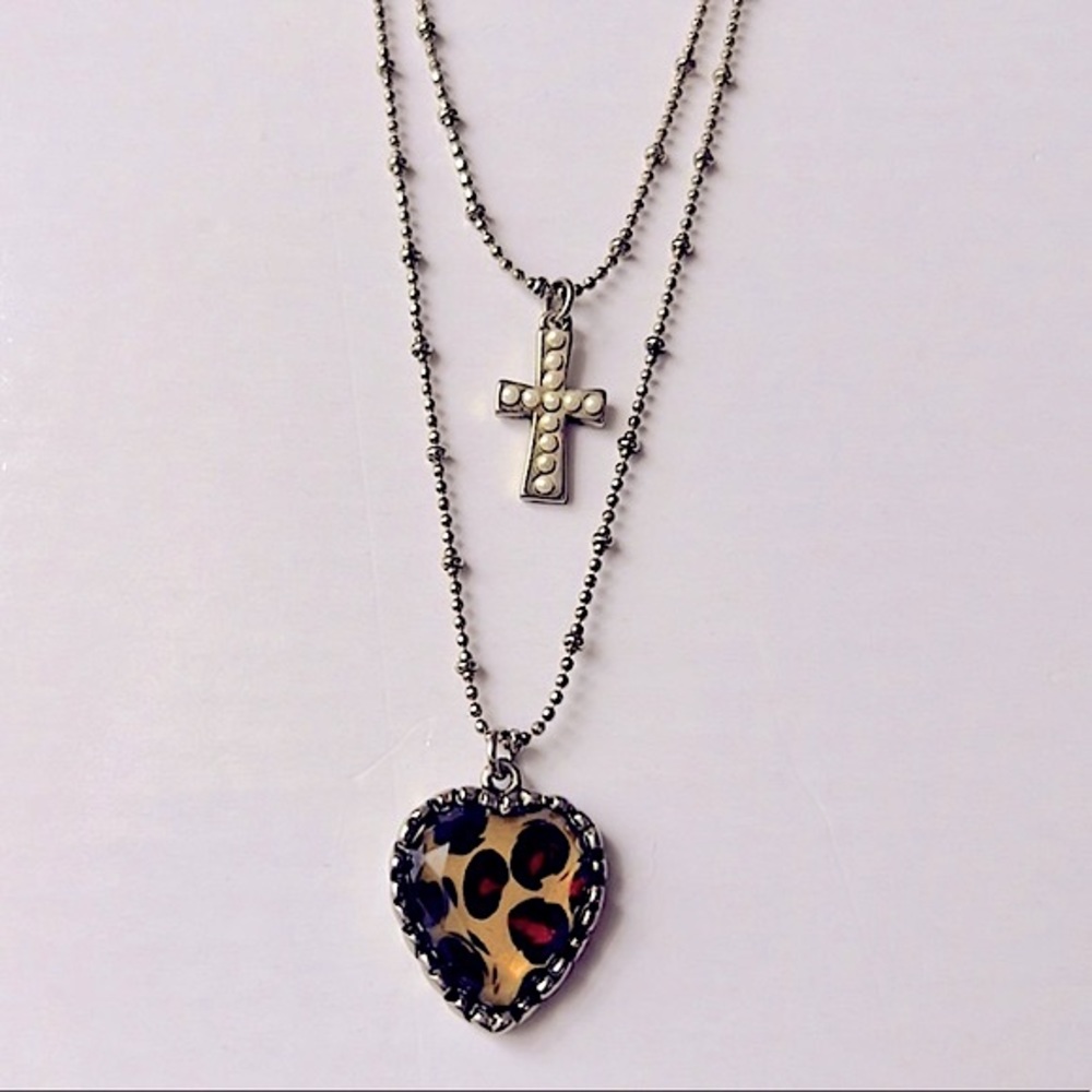 Betsey Johnson Leopard Heart and Cross Necklace
